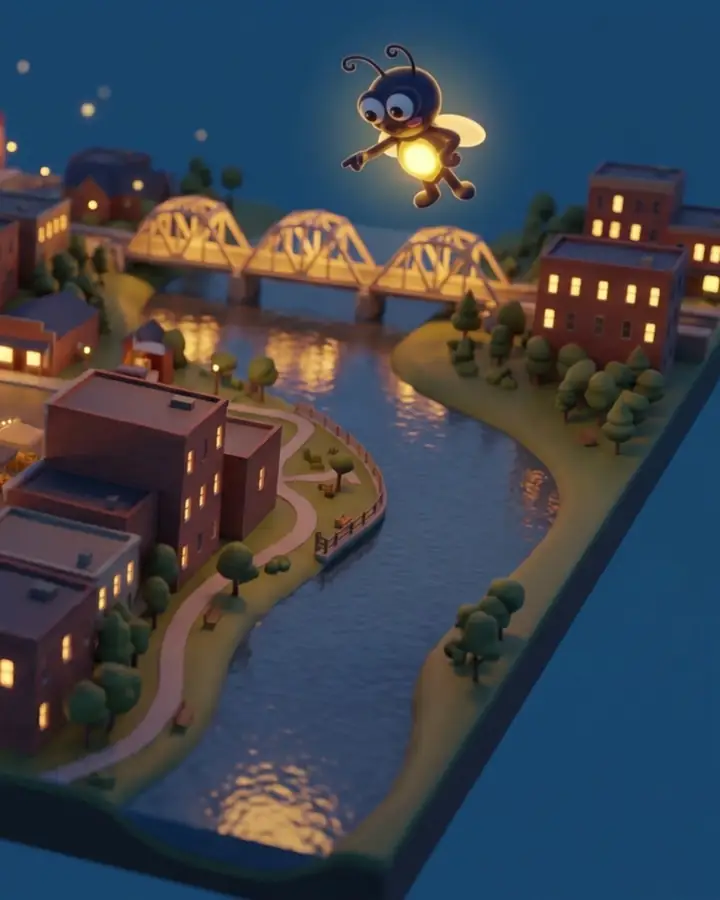 The same riverfront with every window and the bridge lit gold, and the firefly flying over it.
